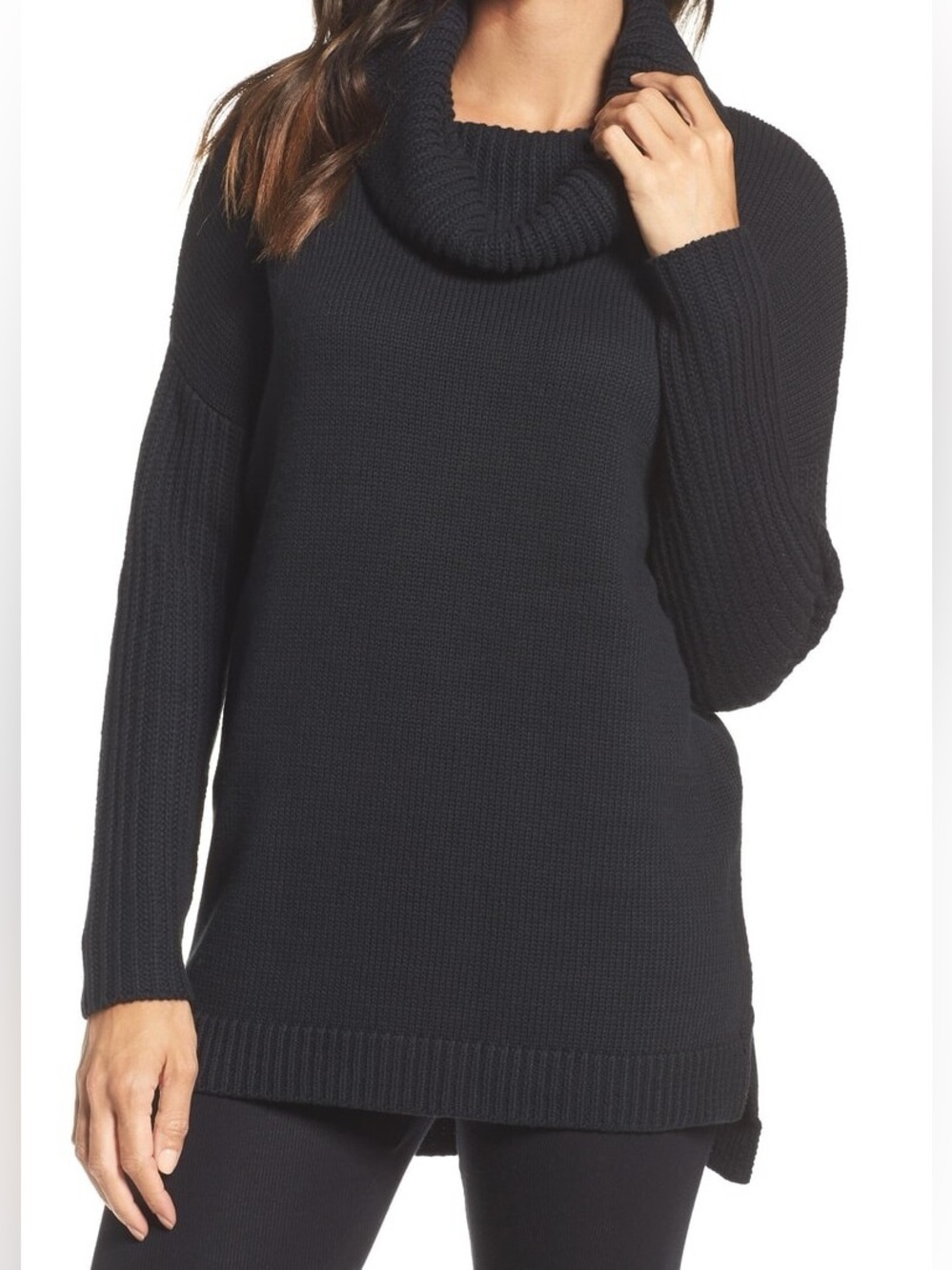UGG Cotton Cashmere TUNIC SWEATER Pull-Over Funnel Neck BLACK Size Medium
